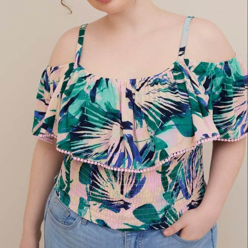 Torrid Plus Size 2X Crinkle Gauze Cold Shoulder Ruffle Top Tropical Print Pink
